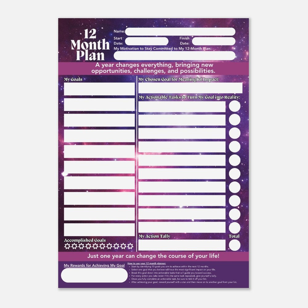 Vision to Reality A3 12-Month Plan – Starry Night Design