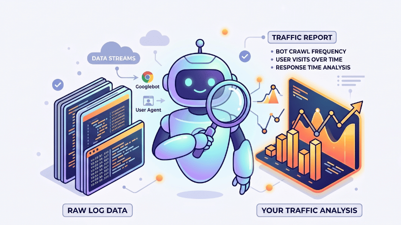 graphic composition showing how Claude can be used to analyze site logs