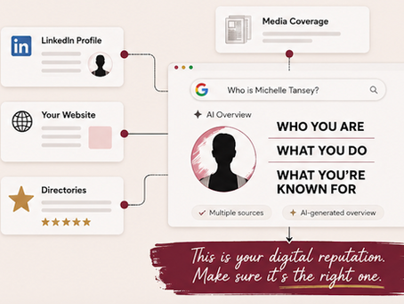 Graphic titled You aren't Googling yourself enough (and it shows) with a ai search result going through who you are and what you do and what you are known for 