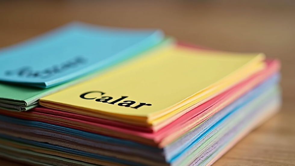 Close-up view of a stack of colorful vocabulary flashcards