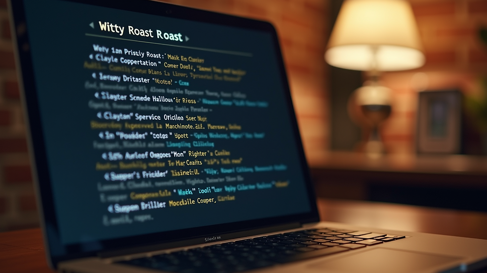 Close-up of a laptop screen showing a list of witty roast examples
