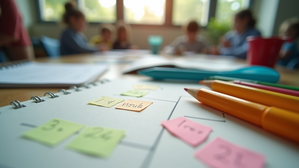 Eye-level view of a student’s desk with handmade flashcards and colorful pens