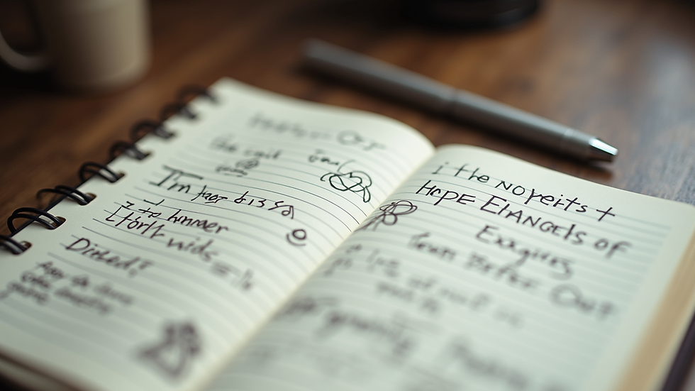 Close-up view of a notebook with handwritten vocabulary words and doodles
