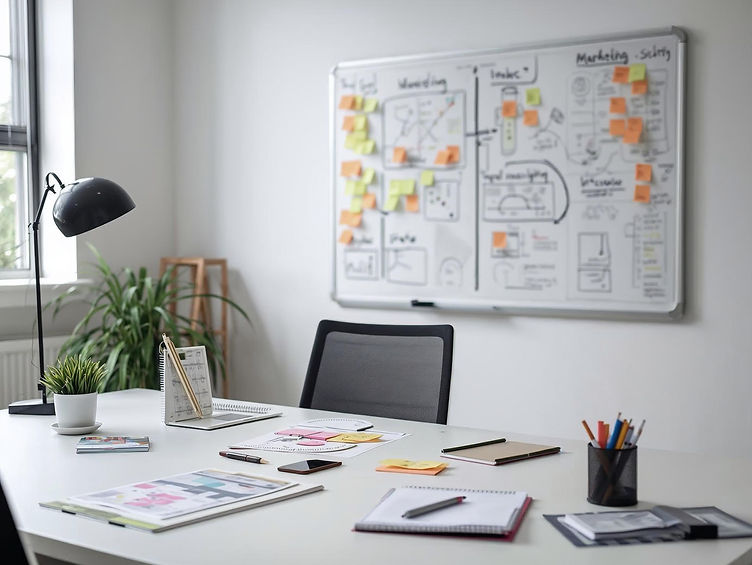 Creative workspace with marketing tools (notes, charts, board)..jpg
