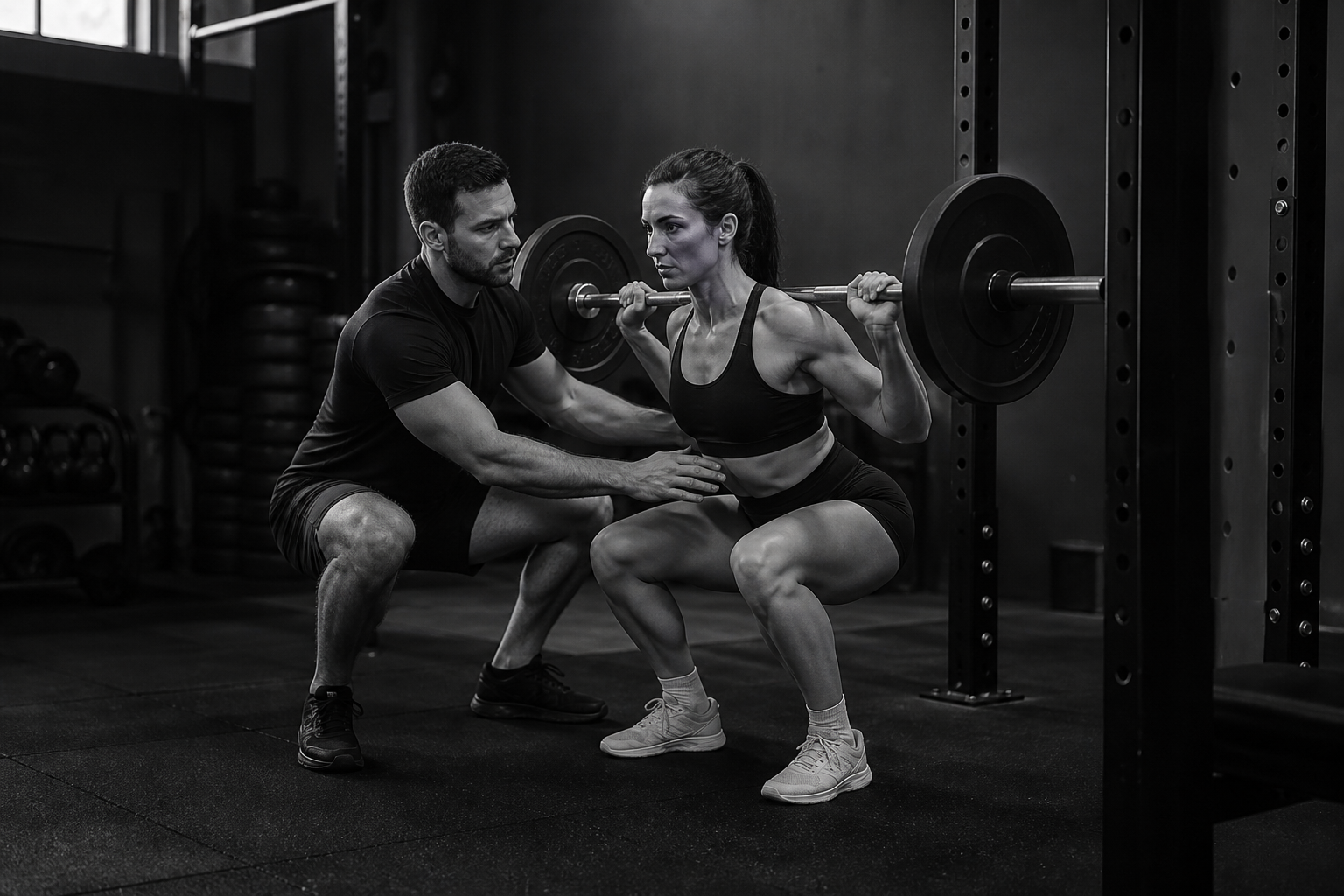 A trainer supporting a client during a strength training session