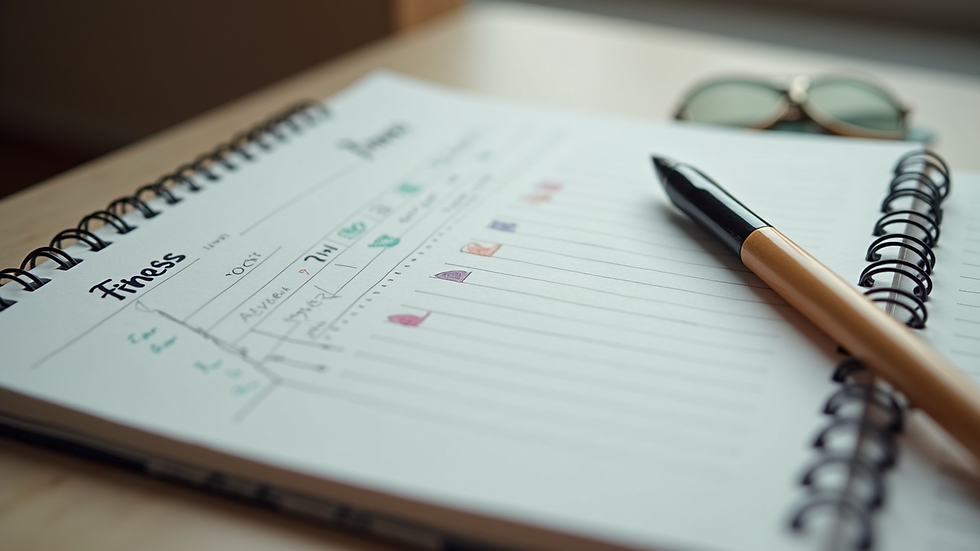 Close-up view of a notebook with fitness goals and a pen