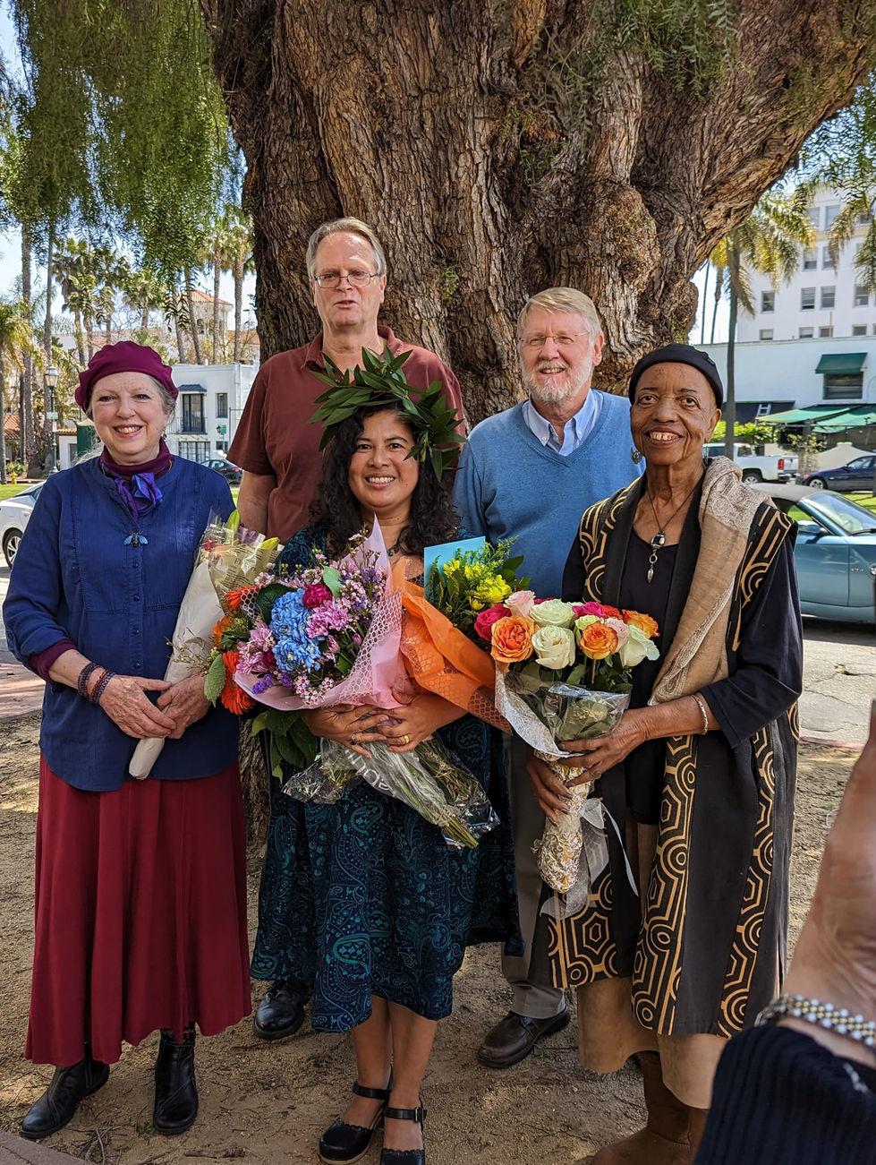 PL Installation for Melinda Palacio (at center) City Hall Pepper Tree 4-18-2023 (photo by Sharon Hoshida)