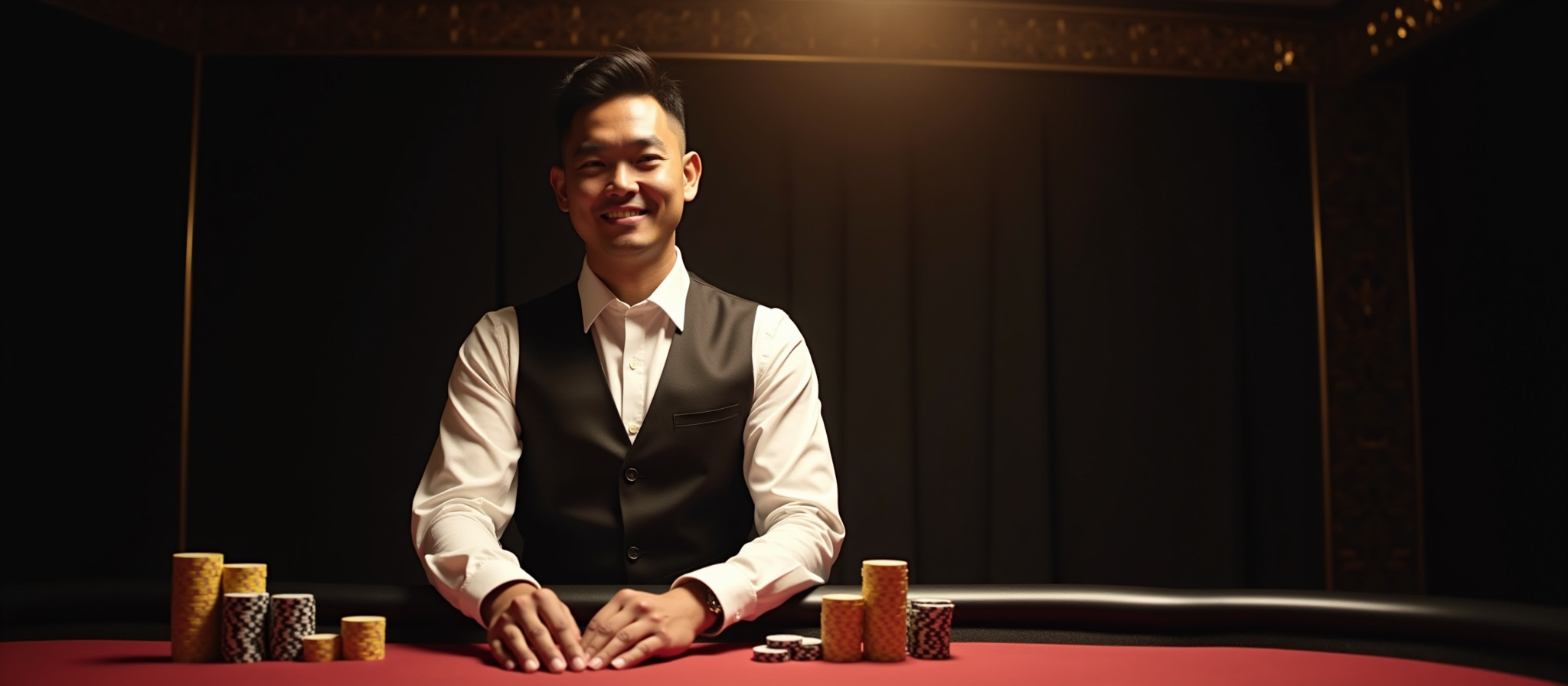 Smiling Asian man at a casino table with chips Casino Plus