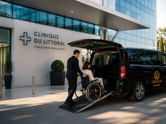un chauffeur pousse un fauteuil roulant sur une rampe d'un véhicule tpmr, devant une clinique