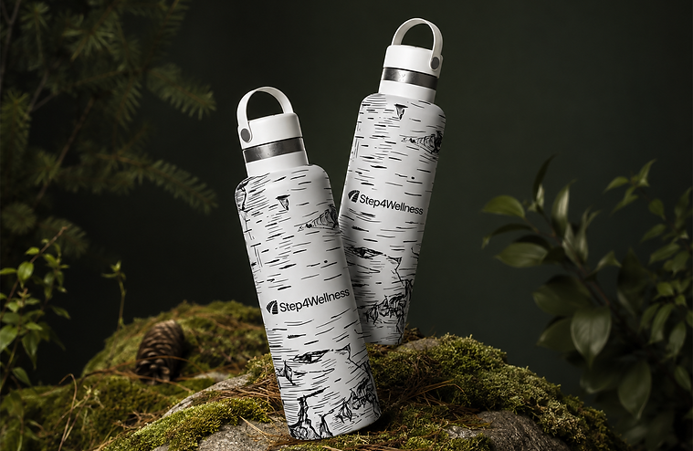 Concept visualisation of the Step4Wellness logo on a water bottle