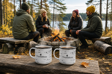 Concept visualisation of the Step4Wellness logo on branded mugs