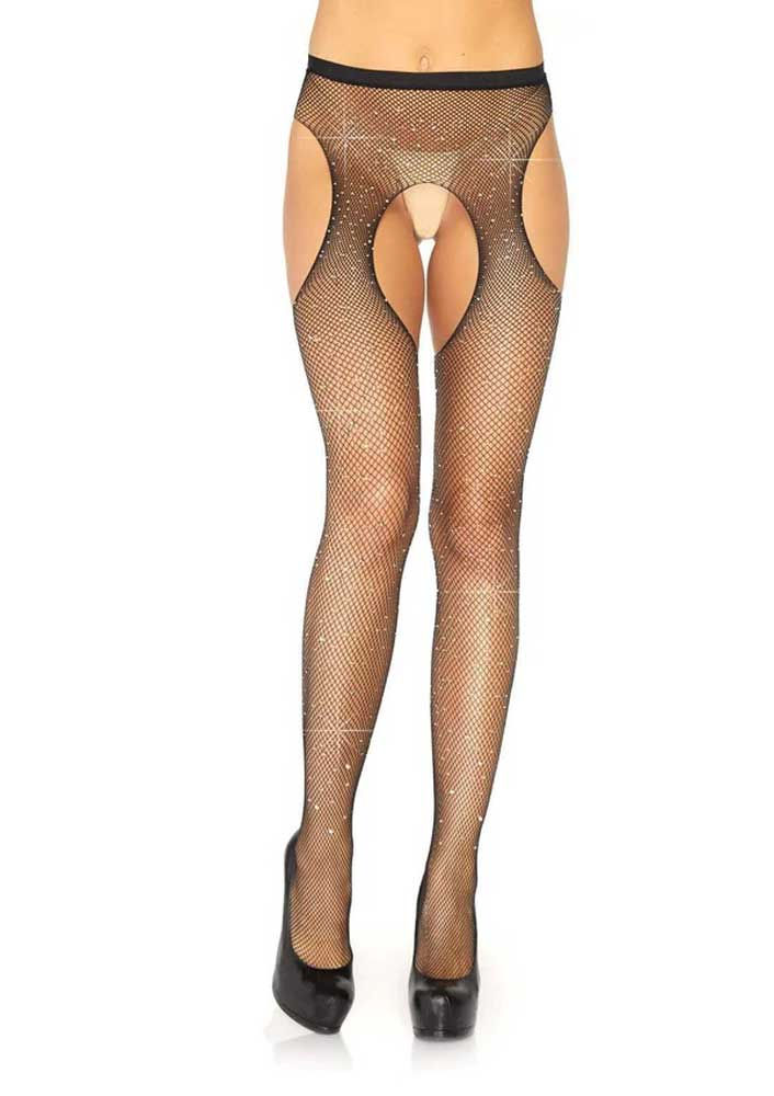 Thumbnail: Casey Rhinestone Fishnet Suspender Pantyhose - One Size - Black