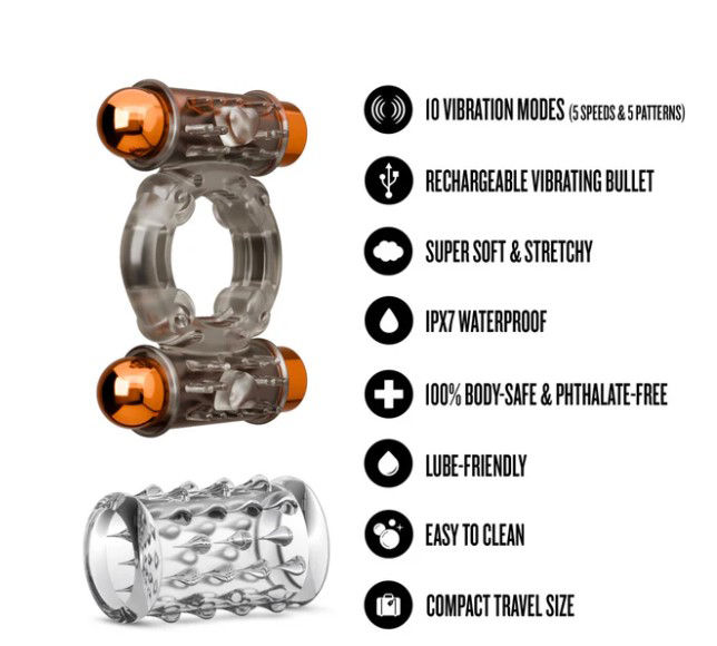 Thumbnail: Stay Hard Vibrating Cock Ring Set With Dual Bullets Textured Sheath