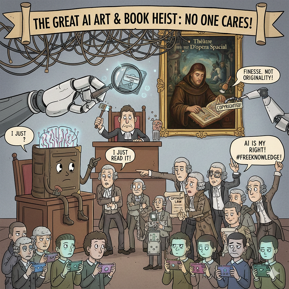 Courtroom scene with a book on trial. Judge, robots, and lawyers debate copyright rights. Banner reads "The Great AI Art & Book Heist."