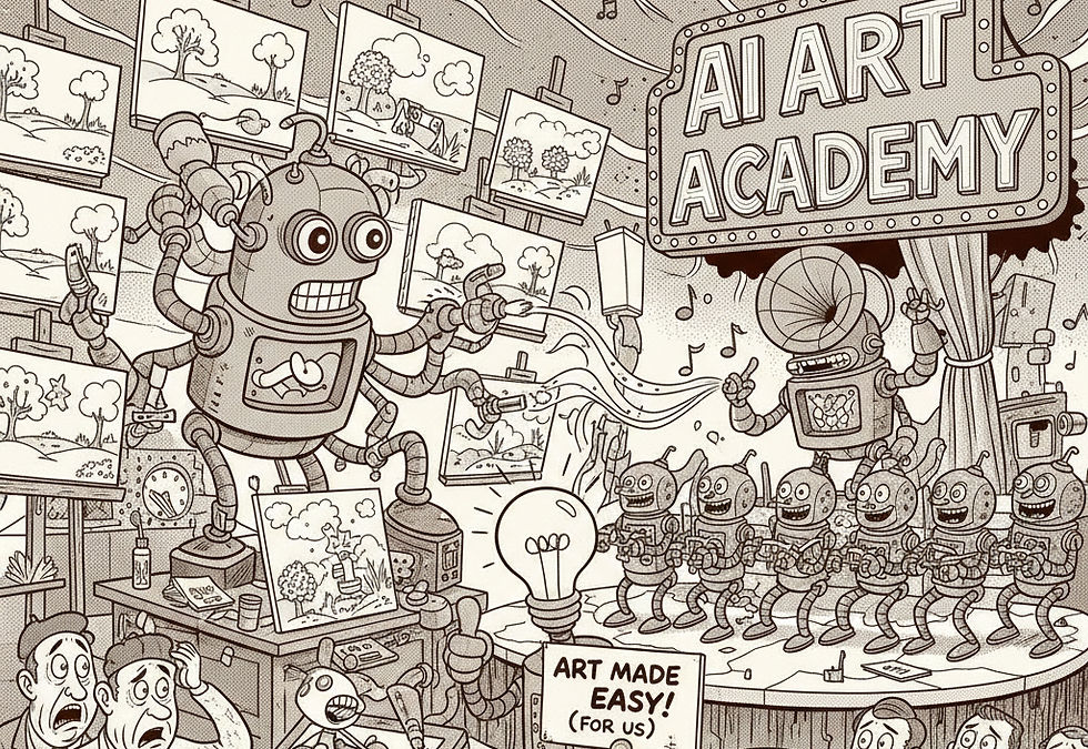 Robots paint in a chaotic AI Art Academy while humans react in shock. Sign reads "Art Made Easy!" Monochrome with musical notes. AI generated