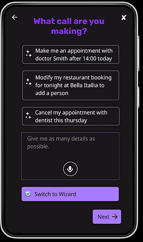 Screen from Figma Prototype for an LLM/AI powered mobile call agent