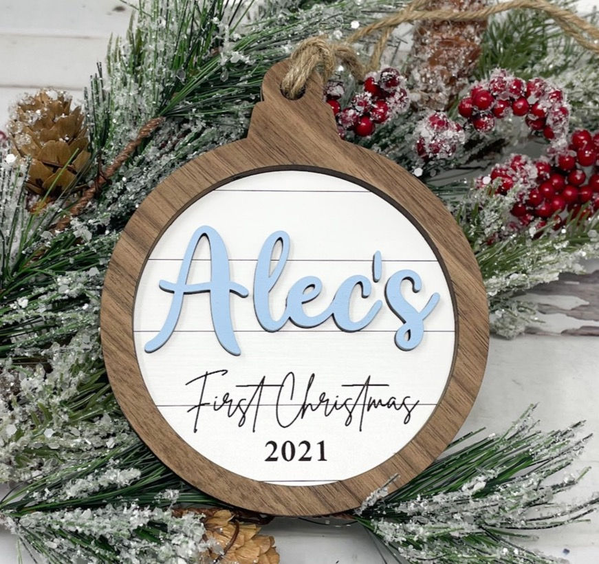 Thumbnail: Personalized "Baby's First Christmas" Faux Shiplap Ornament