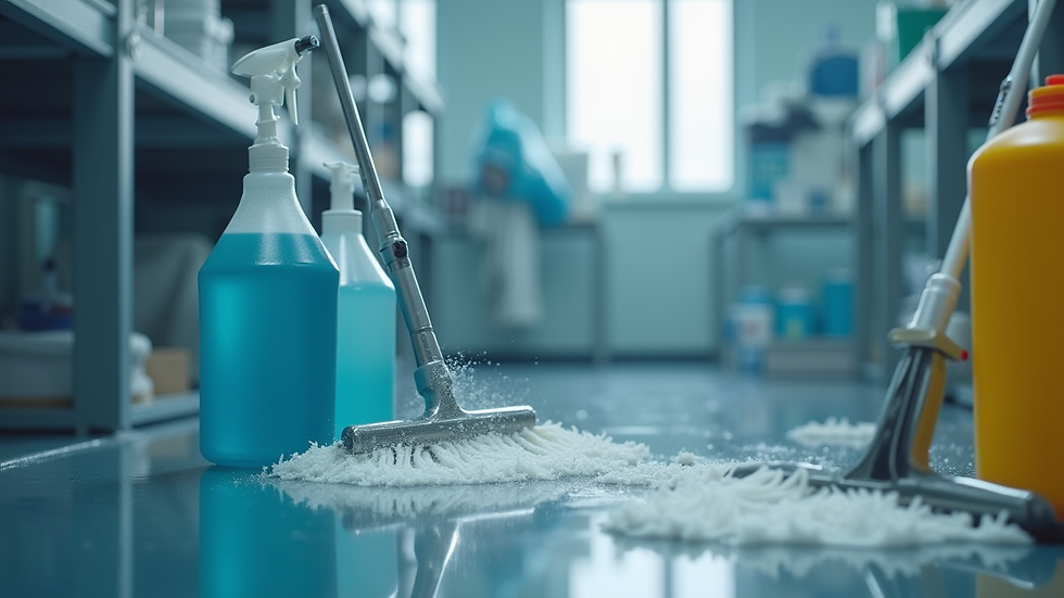 Close-up view of professional cleaning equipment and supplies in use