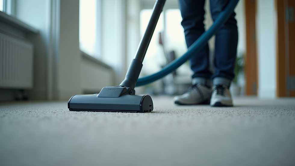 Close-up view of a professional cleaner vacuuming an office carpet