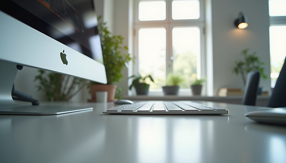 Computer and keyboard on a white desk in a bright room with potted plants, books, and a window. Minimalist and serene workspace.