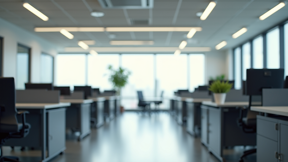 Eye-level view of a clean and organized office workspace with desks and chairs