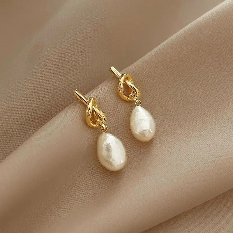 Golden Knot Baroque Pearl Earrings