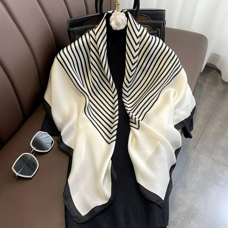 Elegant Style Striped Design Square 90cm Imitation Silk Scarf