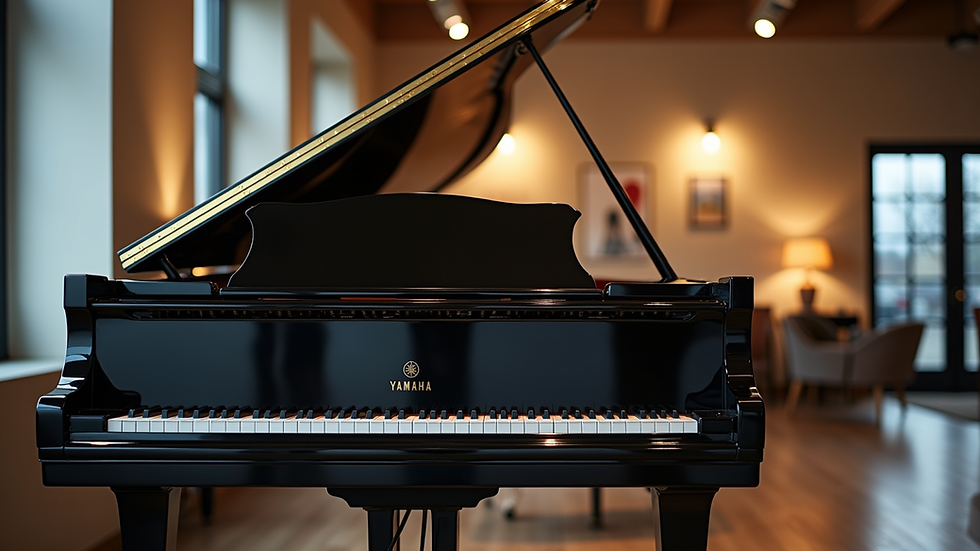 Eye-level view of a Yamaha C5 grand piano in a showroom