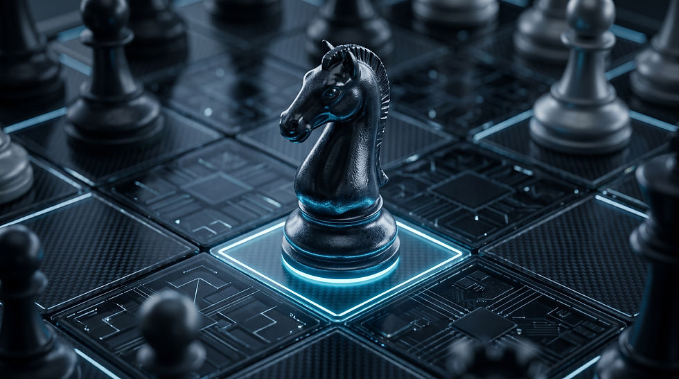 Black chess knight on a glowing blue futuristic chessboard, surrounded by blurred pieces in a sleek dark setting