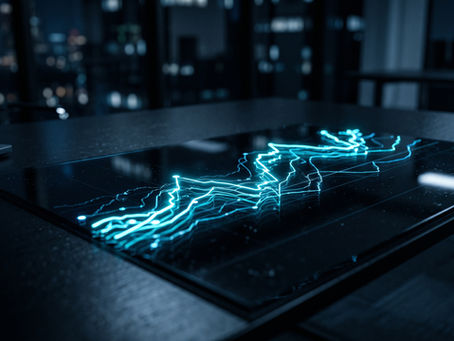 Cinematic photography, a pristine and minimalist black executive desk in a dimly lit luxury office, orderly glowing geometric data streams and architectural grid lines floating above the surface, symbolizing perfectly automated business systems and scaling without chaos. Deep midnight blue and charcoal tones, sharp focus, hyper-realistic, high-end B2B corporate aesthetic,