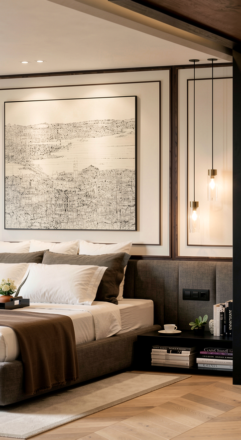 Hotel Mirza otel odası panoramik farklı perspektif çift karyola soyut sanat eseri açık gardırop sistemi kepenkli pencere - DPI Group iç mimari
