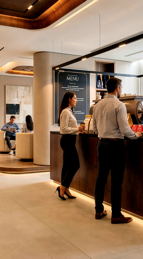 Esteworld Altunizade medikal estetik merkezi kafe bar ahşap tezgah aydınlatmalı vitrin lüks klinik dekorasyon İstanbul - DPI Group iç mimari