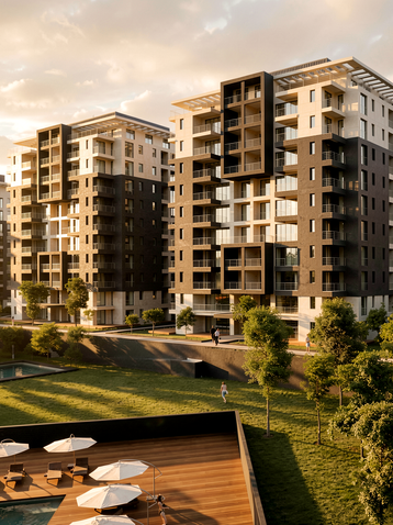 Gebze Concept toplu konut sitesi mimari konsept tasarımı 2013 Gebze Kocaeli Türkiye. Gün batımı modern konut bloğu cephesi peyzaj yeşil alan havuz şezlong sosyal alan konsept - DPI Group
