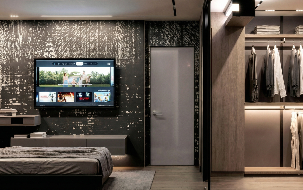 RT House şehir silueti mozaik duvarlı genç odası, Rimadesio açık giyim dolabı sistemi ve asma TV, Istanbul - DPI Group iç mimari