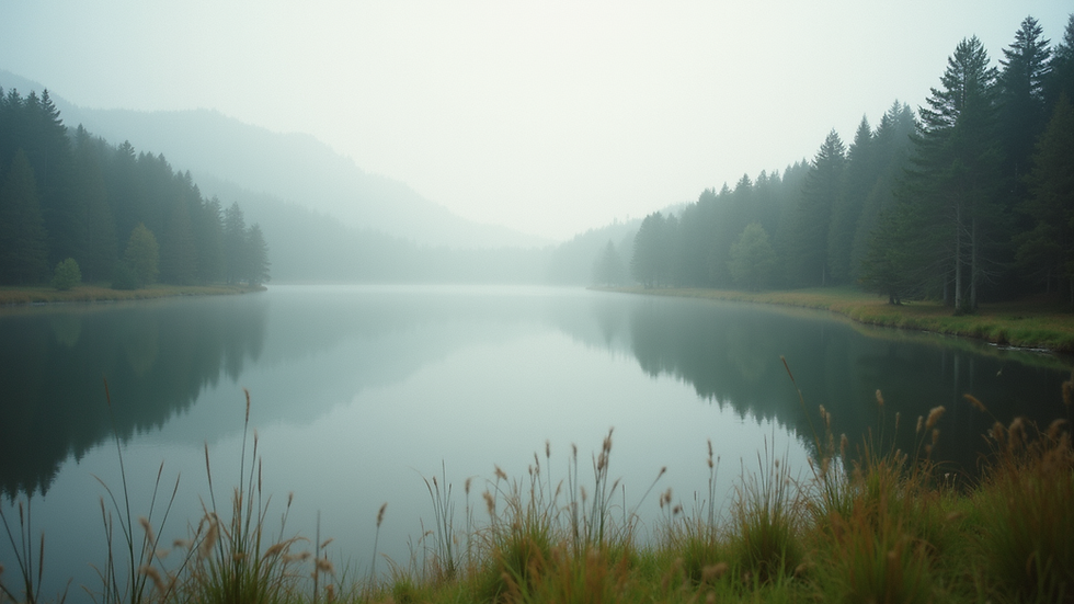 Eye-level view of a serene landscape with a calm lake and trees