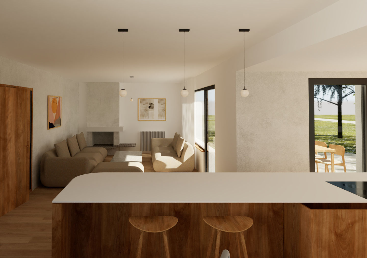 Vue 3D - séjour depuis la cuisine