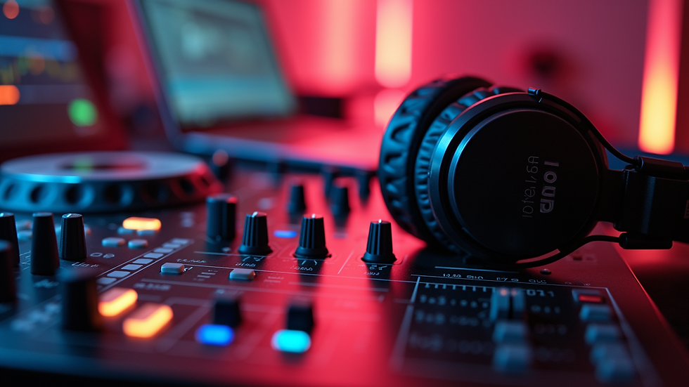 Close-up of professional DJ equipment setup with mixer and headphones