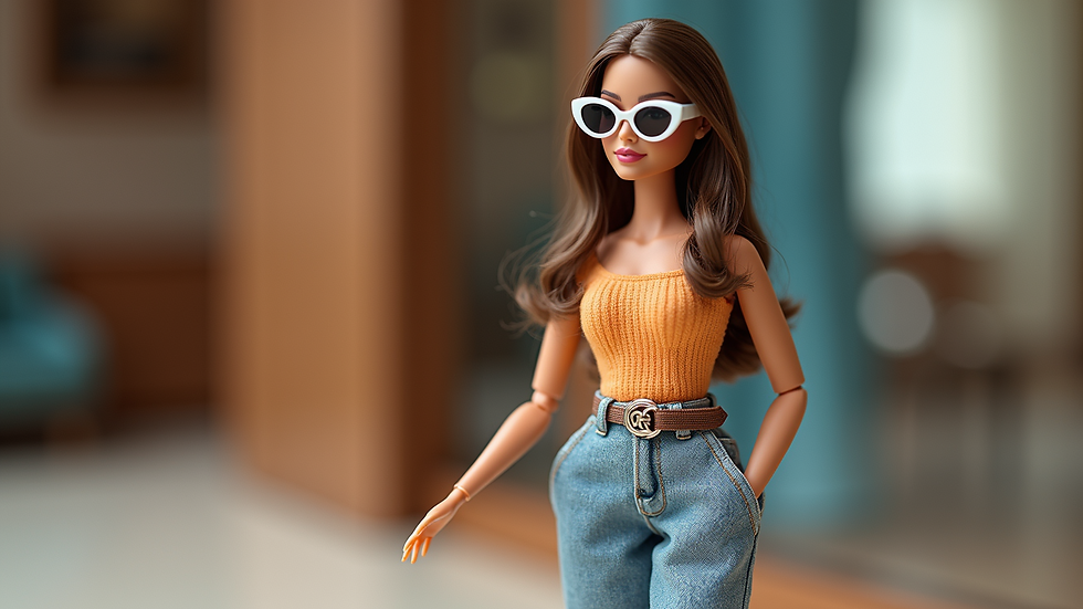 Close-up view of a fashion doll’s miniature accessories including a handbag, sunglasses, and a statement belt