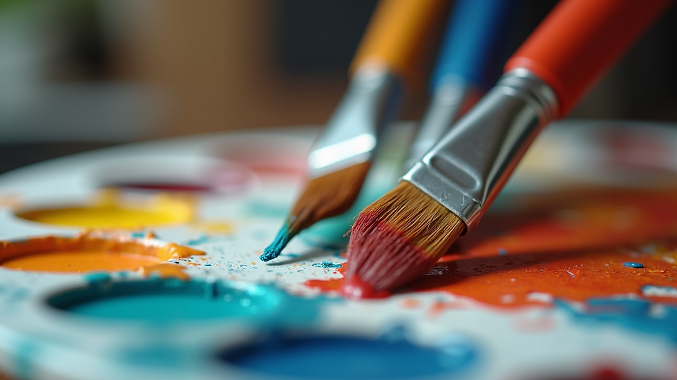 Close-up view of oil painting brushes and palette with mixed colors