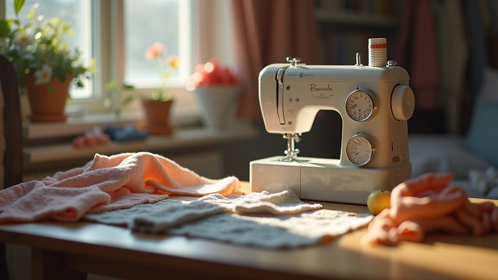 Eye-level view of a sewing station with doll clothes and fabric pieces