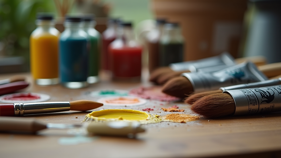 Close-up of oil paint tubes and brushes on a wooden table
