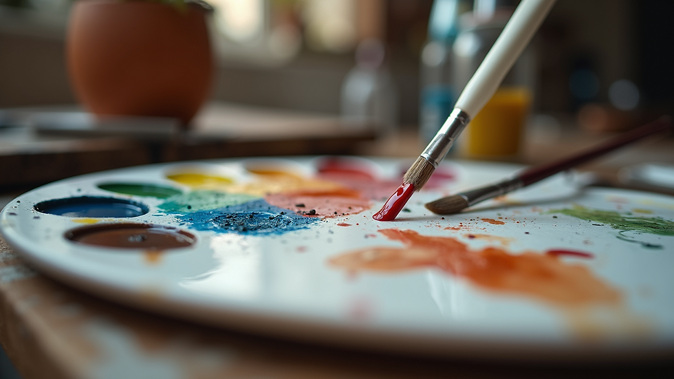 Eye-level view of an artist’s palette with oil paints and brushes