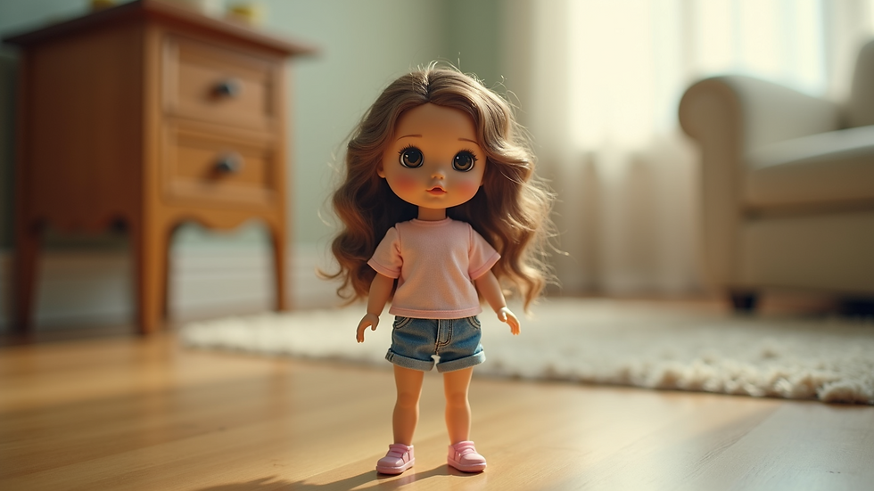 Eye-level view of a doll wearing a pastel blouse and denim shorts