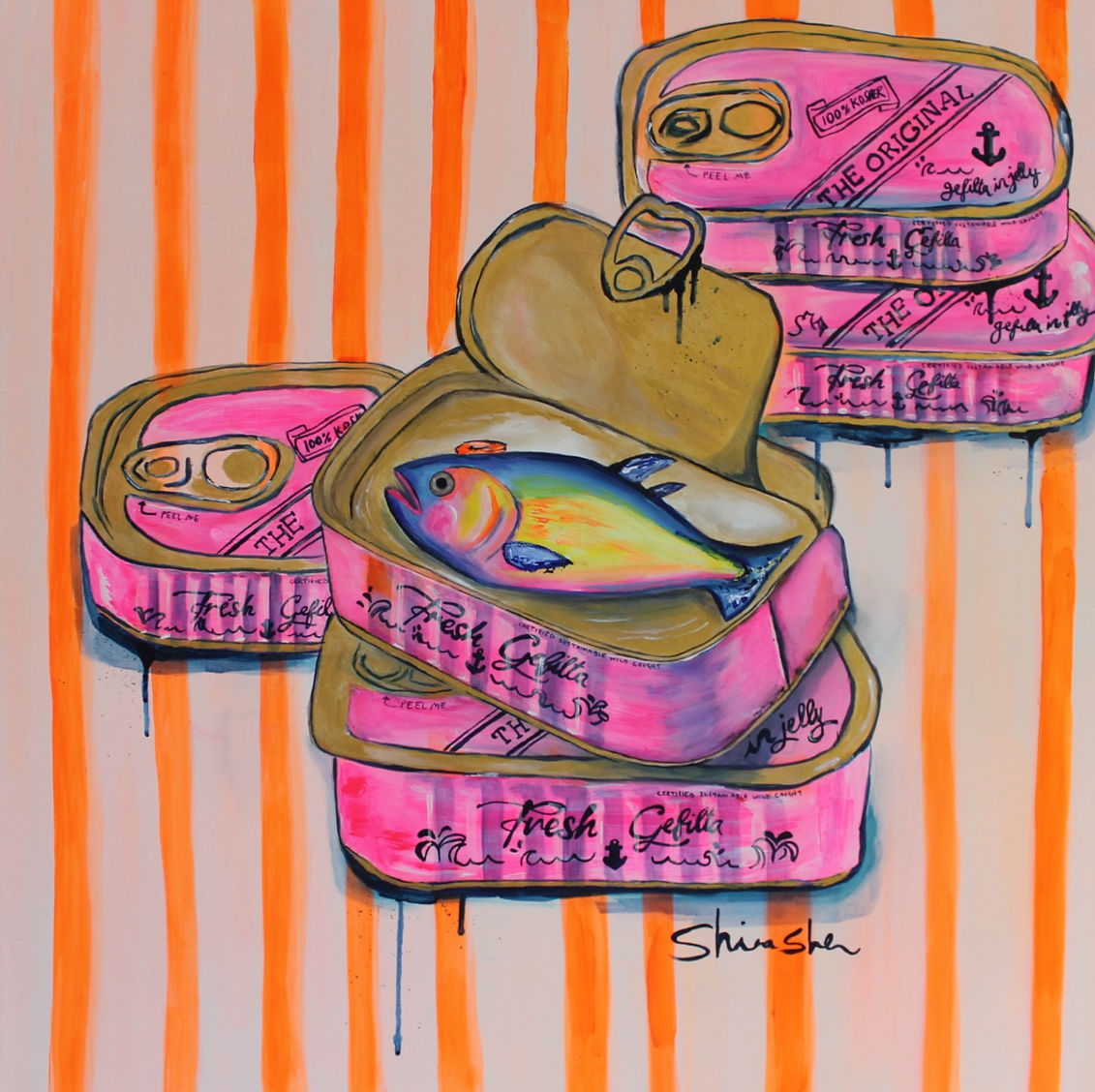 Contemporary Judaic pop art painting by Shira Shen featuring colorful gefilte fish cans and playful Jewish food imagery.