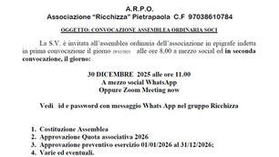 Convocazione dell'assemblea ordinaria soci del 30 dicembre 2026