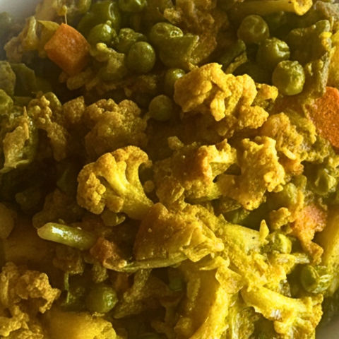 Close-up of a mixed vegetable curry dish with cauliflower, peas, and carrots.