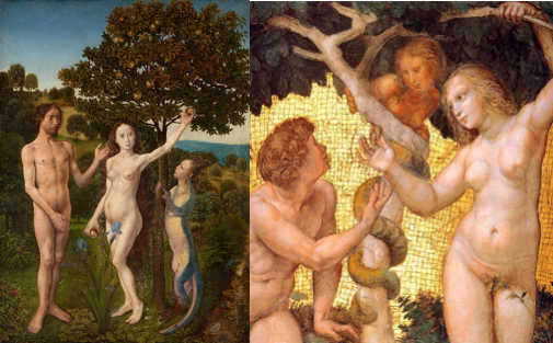 "La caída del hombre" en el Díptico de Viena, por Hugo van der Goes (1467-1468) | Tentación de Adán y Eva por Raphael Sanzio