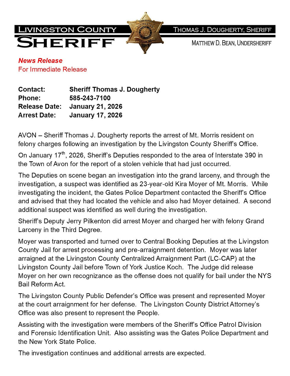 FELONY ARREST IN THE TOWN OF AVON