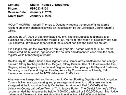 FELONY ARREST IN THE VILLAGE OF MOUNT MORRIS