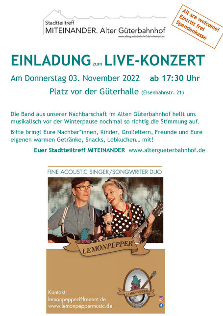 LIVE - KONZERT LEMONPEPPER  mit Nachbarschaftspicknick am        03.November 2022  ab 17:30 Uhr 